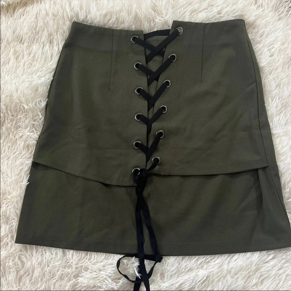 Olive Green Lace Up Mini Skirt - Picture 1 of 3